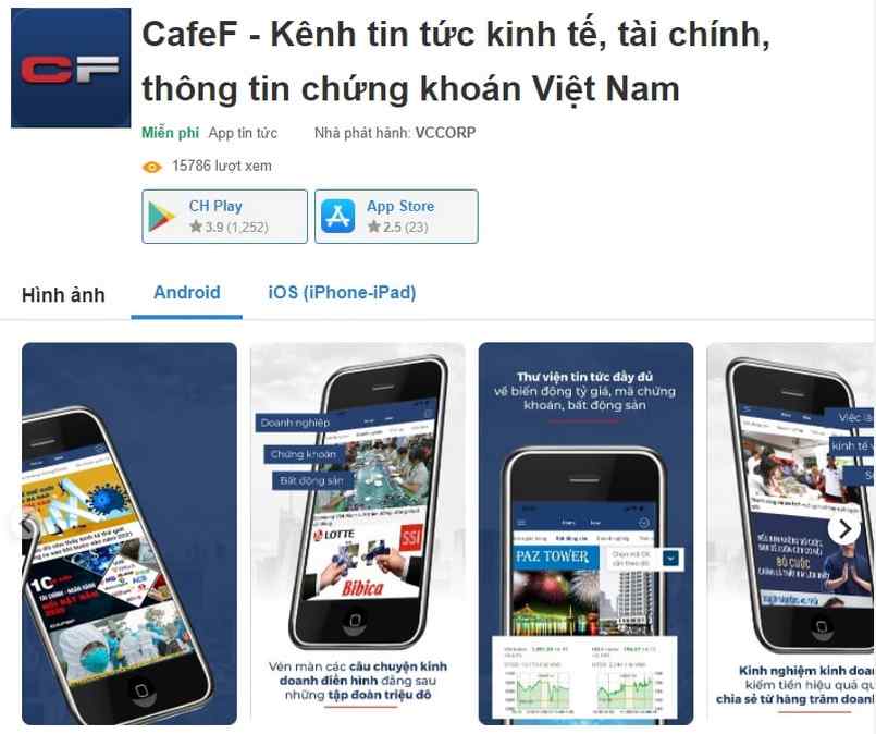 Ứng dụng CafeF trên thiết bị điện thoại